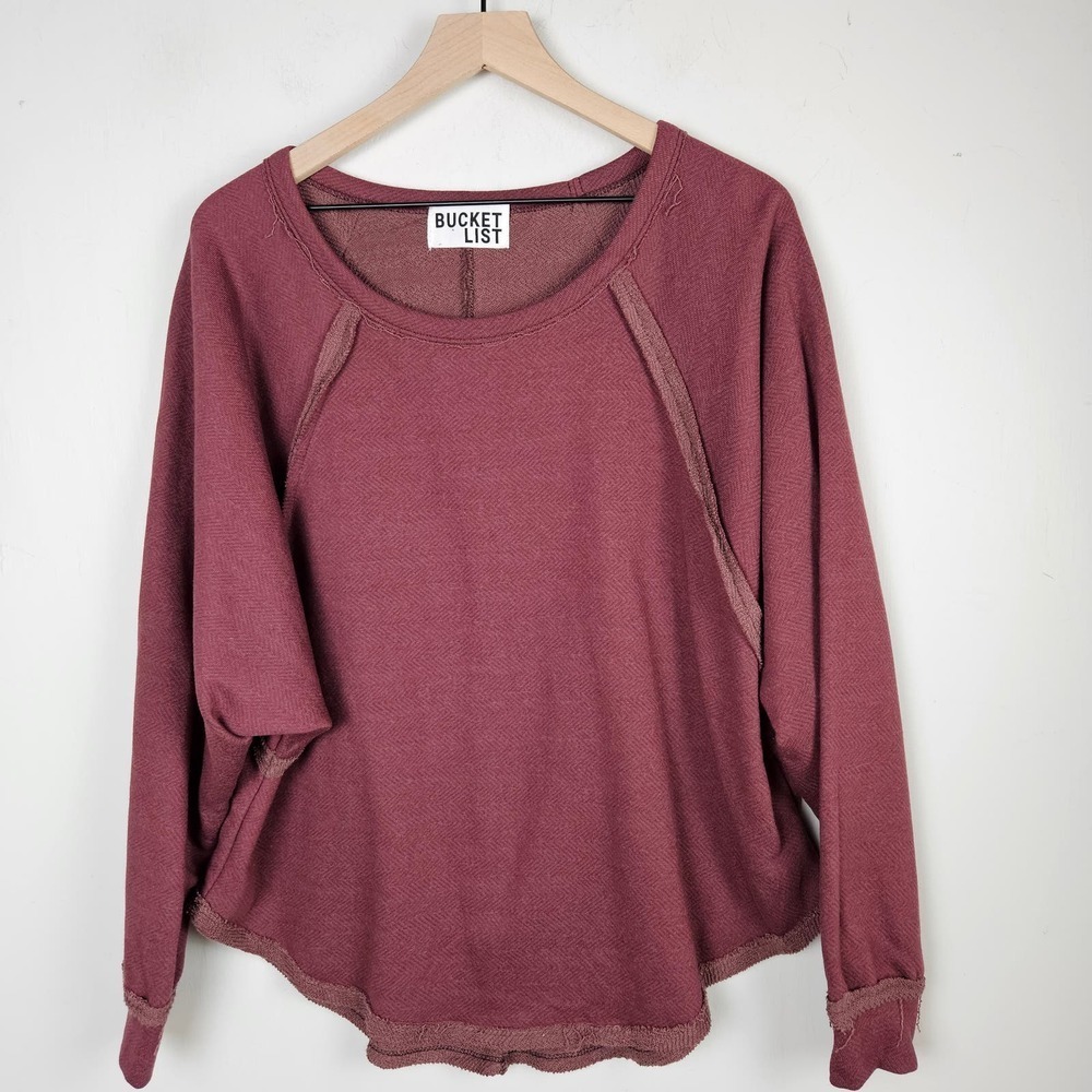 BucketList French Terry Oversized Sweatshirt Sz M Maroon Raw Seam Wide Neck